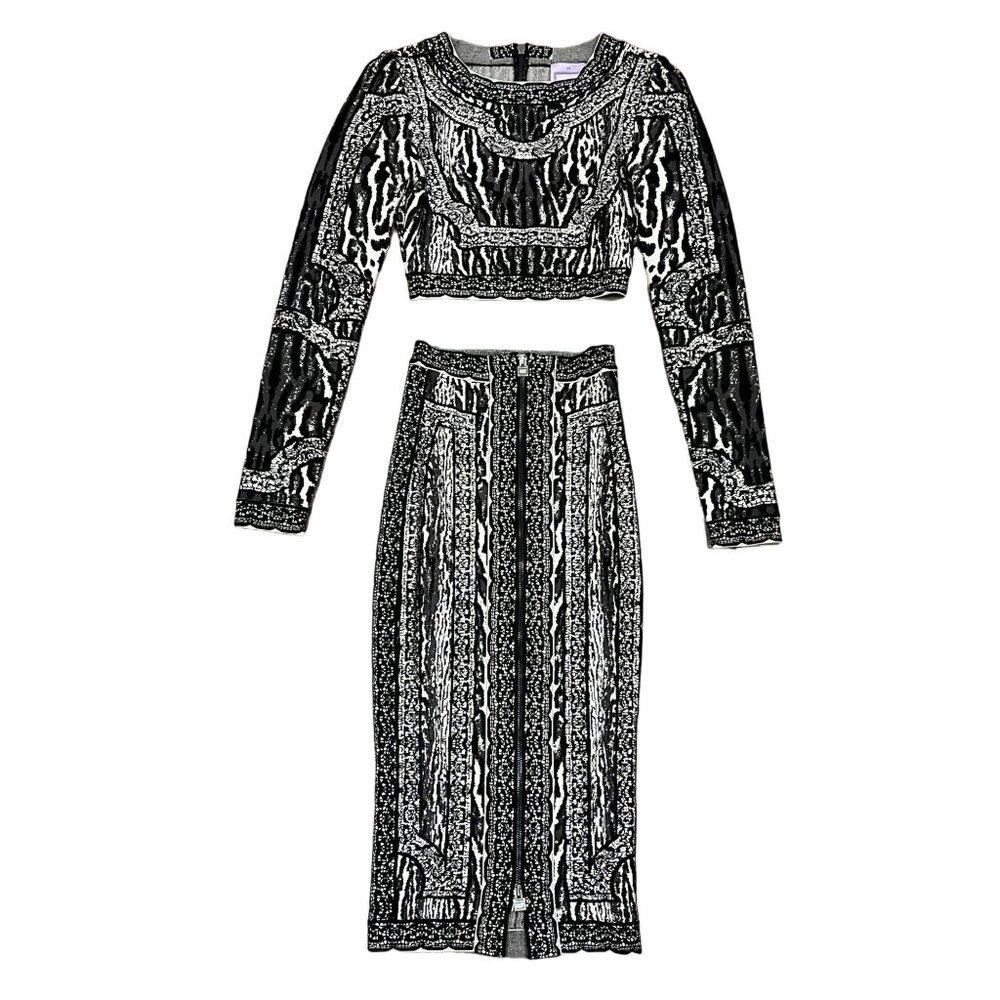 Herve Leger Two Piece Elegant Black and Gray Patterned Skirt Set - Picture 5 of 10